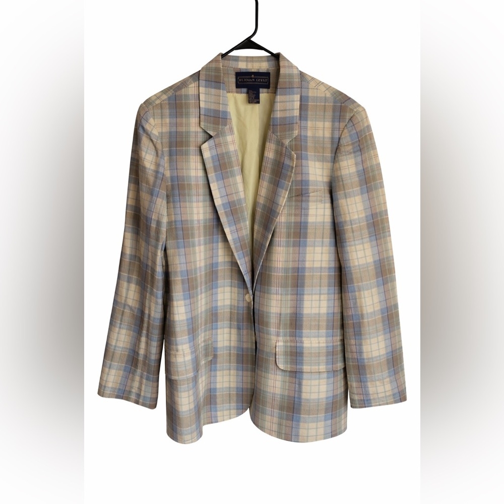 Herman Geist Plaid Blazer Size 10 Blue Yellow Cotton Jacket Preppy Classic